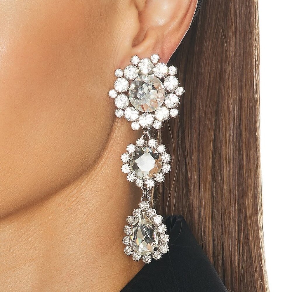 NEW NWT Alessandra Rich Crystal Drop Earrings in Crystal & Silver FWRD CLIP ON